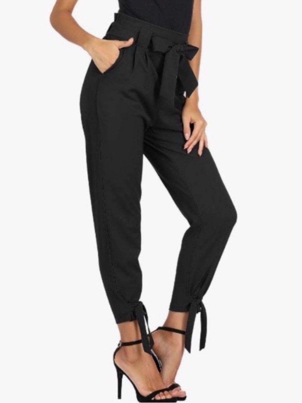 Grace Karin black paper bag straight pants with bows on ankles, gathered waist.